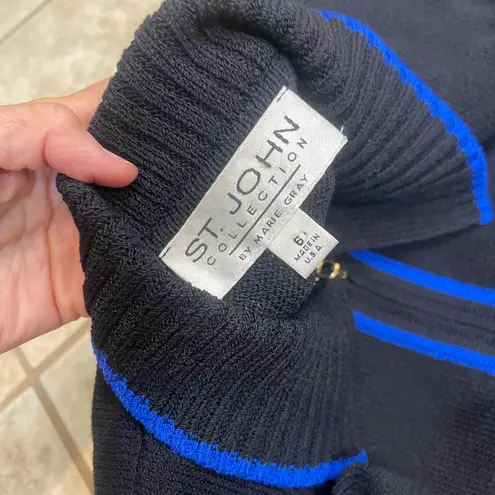 St John Collection Black Blue Knit Zip Up Collared Sweater Cardigan Size 6 lady