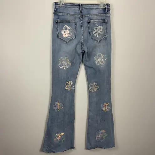 BAR x Olle & Hali Women's Washed Flower Hologram Flare Jeans Size S Blue