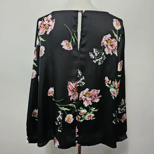 Ellos Satin Floral Blouse Womens 20 Silky Black Pink Feminine Chic Romantic Size undefined