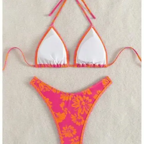 Triangle High Cut Bikini Tie Back 2 Piece Swimsuit, NEW, Hygienic Liner, Large Pink