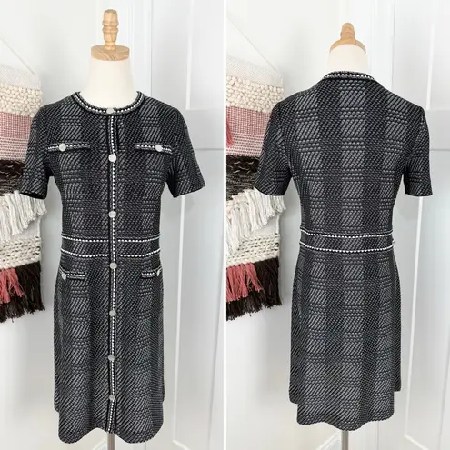 Misook Bold Plaid Tweed Knit Sheath Dress Short Sleeve Stretch Black White Sz S