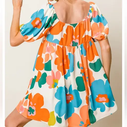 Boutique BiBi Floral Puff Sleeve Square Neck Babydoll Mini Dress XL Retro Style 70s New