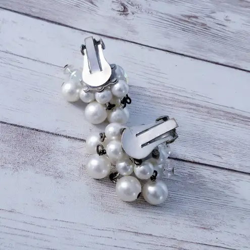 Vintage Clip On Earrings Faux Pearl & Clear Bead Cluster Dangle