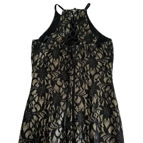 Bailey blue Black and Gold Floral Lace Overlay Glitter Long Maxi Dress Gown