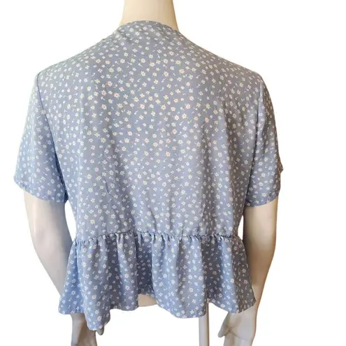 Romwe  Blue & White Floral Ditzy Tie Front Peplum Top (L)