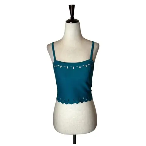 Sandro Tank Top Small Teal Blue Fine Knit Cut Out Detail Scalloped Hem Cami Top