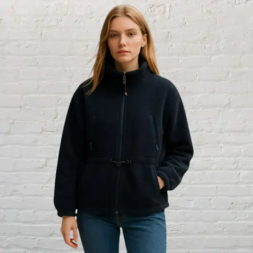 Woolrich Jacket L Vintage Sherpa Fleece Full Zip Navy Blue Cinched Waist