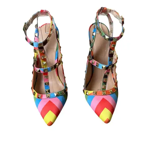 Wild Diva  Striped Studded High Heel Pointed Toe Pumps Size 5.5 Rainbow Pride EUC