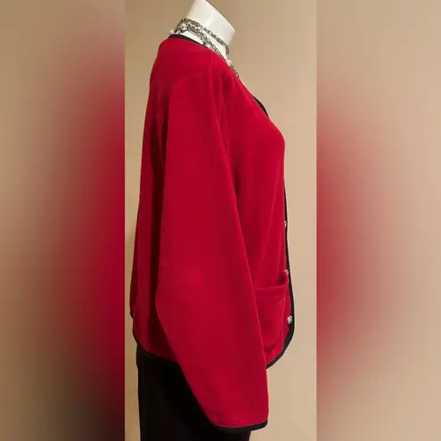 L.L.Bean  Vintage Red Fleece  Button Up Sweater With Black Stripe Edge S…