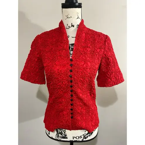 Go Silk Crinkle Fabric Red Lightweight Button Front Stretchy Blouse Top Sz PS
