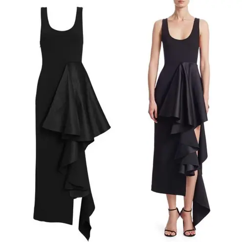 Solace London Naya Satin Side Asymmetric Ruffle Maxi Dress Black Sz XS