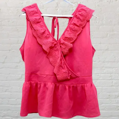 Sunburst Kiss Coral Pink Ruffle Peplum Top L Sleeveless Eyelet Lace Festival Size L