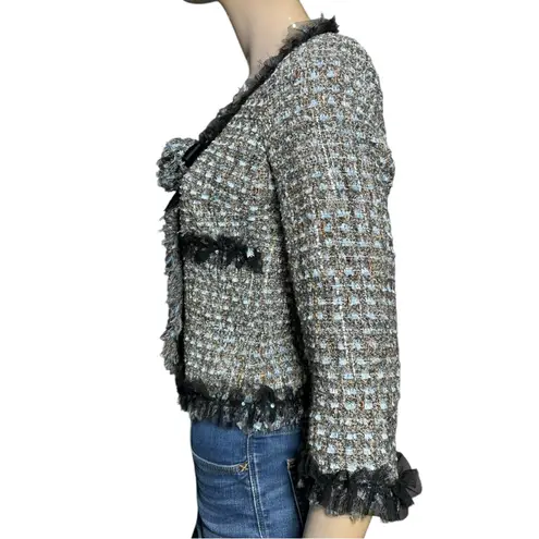 Rickie Freeman Teri Jon Women’s Size 4 Gray Blue Tweed Wool Blend Boucle Jacket Black