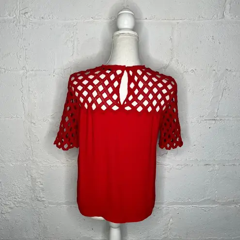 Sandro Paris Women's Rayon Blend Lace Lace Crewneck Red Keyhole Blouse Size 1