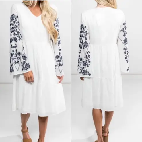 Stevie Hender White Etta Floral Embroidered Gauzy Boho Dress - Size Small