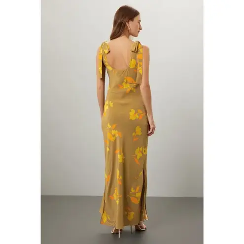 Soleil Soleil Ines Floral Print Tie Strap Golden Silk Maxi Dress Size 6 Yellow