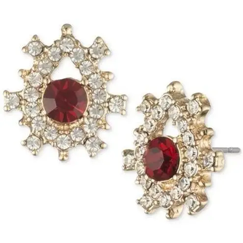 Marchesa Pave & Red Color Crystal Cluster Button Earrings in Gold