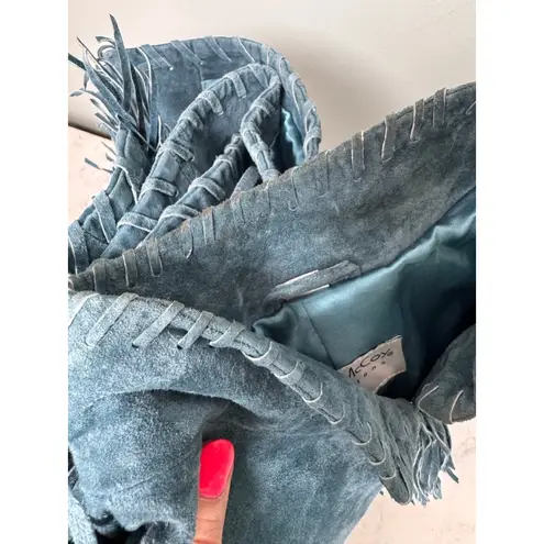 Pamela McCoy Suede Leather Jacket with Fringe Tassels, Size L Teal Blue Size L