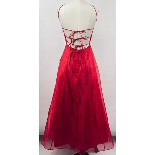 Vintage 90s Y2k Beaded Halter Gown Y Neck Lace up Open Back Organza Hot Pink XS
