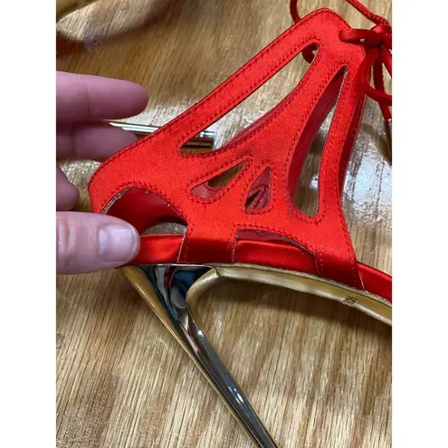 Jessica Rich Women's Red Leather Sole Tie Satin Stiletto Heel Sandal Size 38 S2