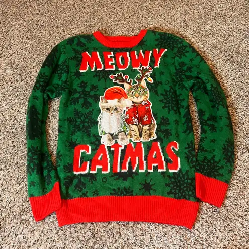 Party Sweater Meowy Catmas Ugly Christmas Sweater Women Green Red Cats Size M