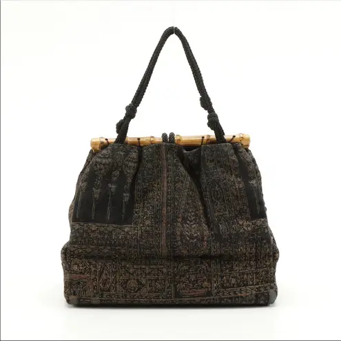 VINTAGE CIRCA 1970'S HANDMADE BROWN AND NEUTRALS FOLIATE BAMBOO HANDLE TOTE