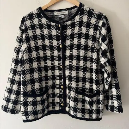 90s Womens Large Picnic Plaid Houndstooth Knit Cardigan Sweater Black Size undefined