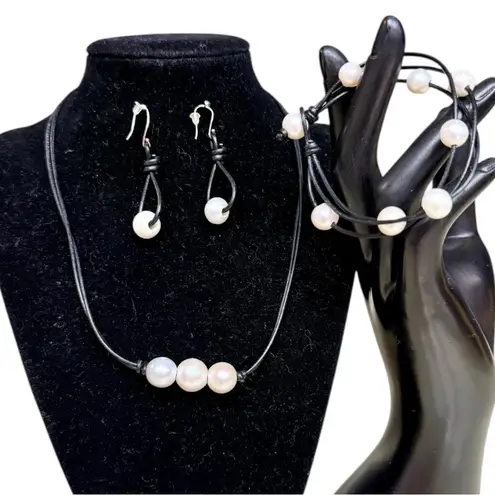 Freshwater Pearl Jewelry Set, Necklace, Earrings, Bracelet on Black Leather Cord White