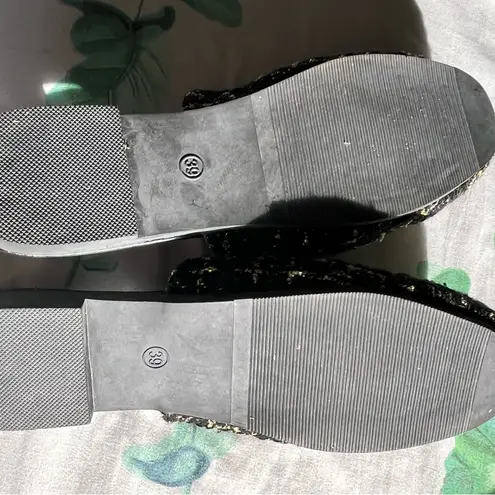 Black and Gold Textured Mules with Open Heel size 7.5/39 Sandals Elegant