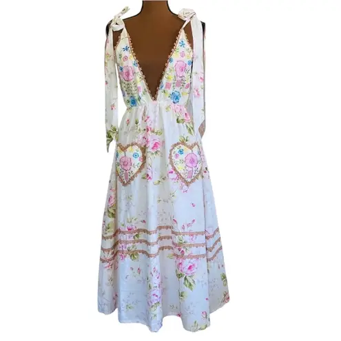 2seeyou White Floral Embroidered Deep V Neck Elastic Waist Maxi Dress Size Small