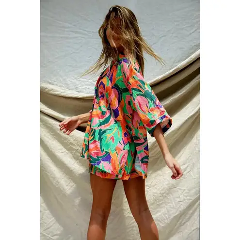 Stone Fox Swim Zenni 100% Linen Shirt Stained Glass Print XS/S