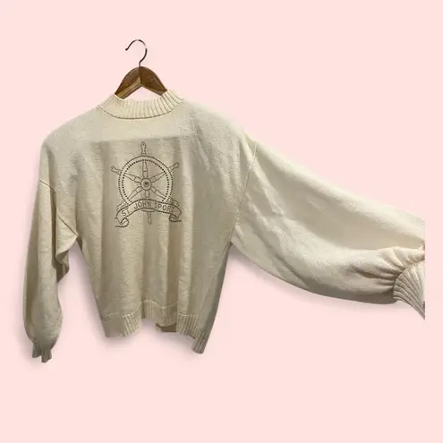 Vintage 80’s St. John santana knit creamy mock neck sweater nautical bling Silver Size L