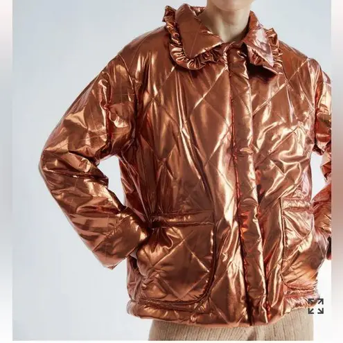 NWT Tach Geo Quilted Puffer Coat Metallic Bronze Copper Jacket Cottagecore sz L Gold Size L
