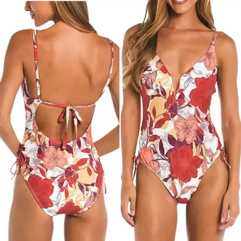 Mynah Floral One Piece Swimsuit Size XXL Plunge V Neck Tie Back Rust Pink Yellow Red - Image 14