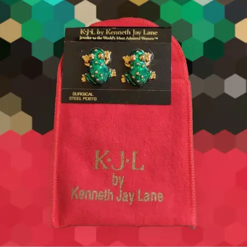 Kenneth Lane Vintage Green Enamel Frog Stud Earrings