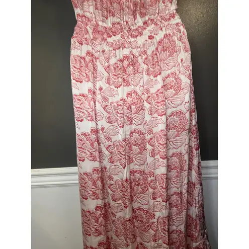 Alamwar Dress Womens Large White Red Floral V Neck Maxi Boho Tassel Tiered