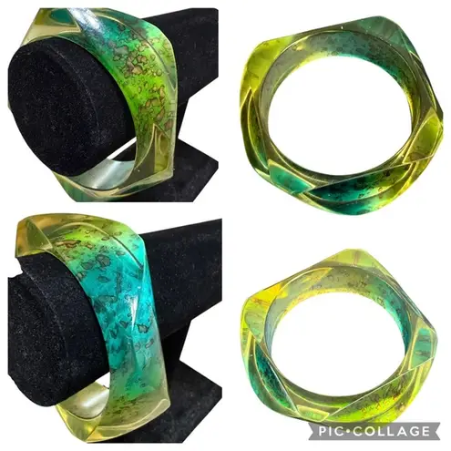Chunky Resin Bangle Bracelet Green Yellow Faceted Abstract Y2K Style