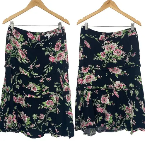 CAbi  Flowy High Waisted Midi Skirt Floral Print Black Pink Rayon Womens 8