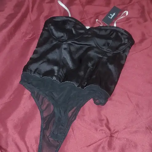 NWT LULU'S SATIN BUSTIER STRAPLESS THONG BODYSUIT W/FULL ZIP SNAP CROTCH STYLE Black Size XS