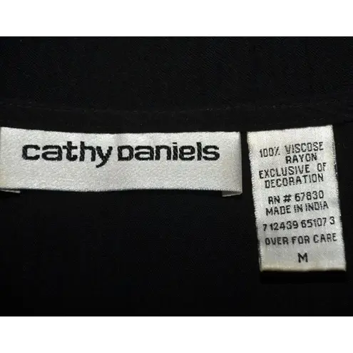 Cathy Daniels Ladies Black Tunic Blouse Top Size M Embroidered V-Neck Crystals