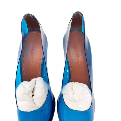 Amina Muaddi NEW Ane Pointed Toe PVC Glass Patent Wedges Heels Blue US 7.5