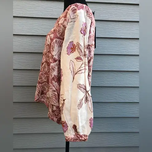 Tahari Tropical Printed Button Down Floral V-Neck Linen Blouse Size L NEW