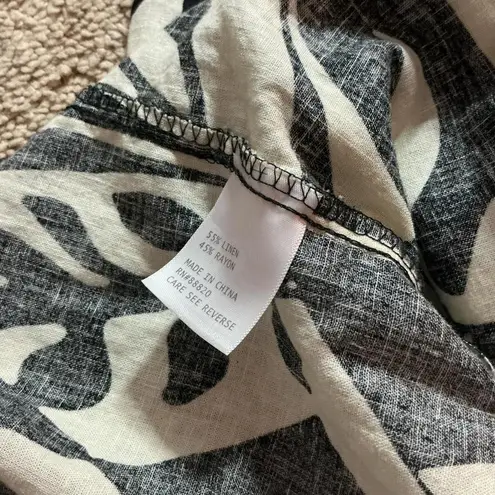 Black White Leaf Print Linen Blend Wide Leg Cropped Pants Elastic Waist