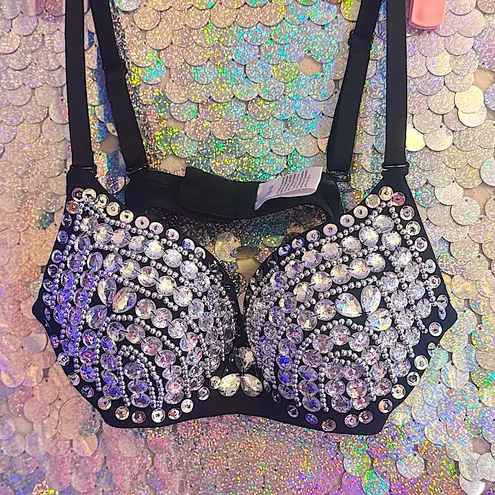 Embellished Black Bra with Silver Accents Size XS