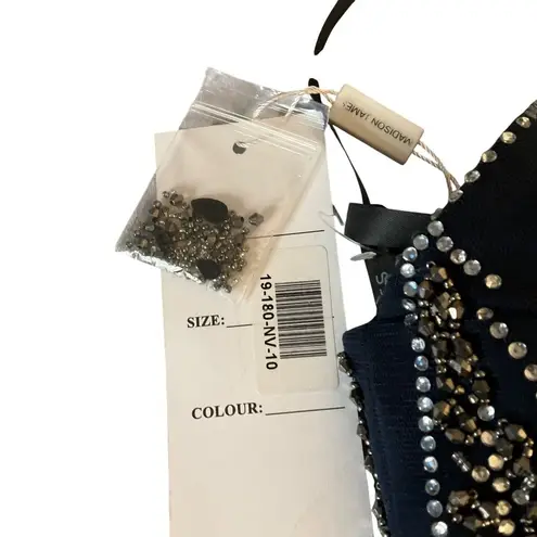 Madison James Navy Beaded Halter Prom Gown With Open Back Size 10 long 2 piece