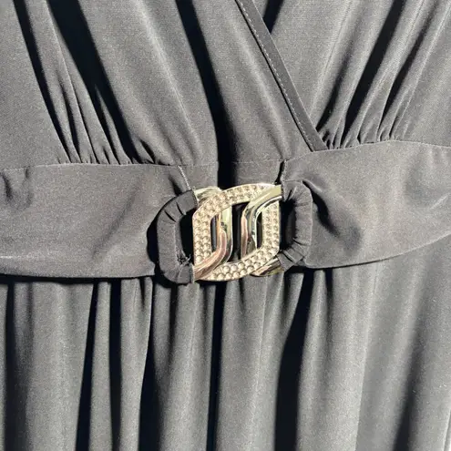 VTG Y2K Black Midi Dress Belted Empire Waist V Neck Short Sleeve 16 Formal USA Size 14W