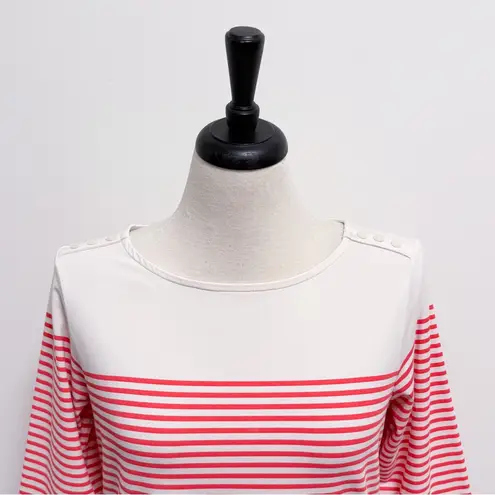 Spartina 449 Ivory Coral Red Stripe Ray Boatneck 3/4 Sleeve Button Accent Top