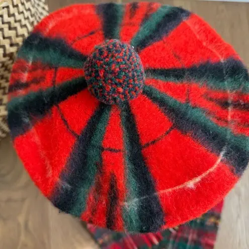 Vintage Royal Stewart Scotland Red Plaid Wool Beret Hat and Scarf