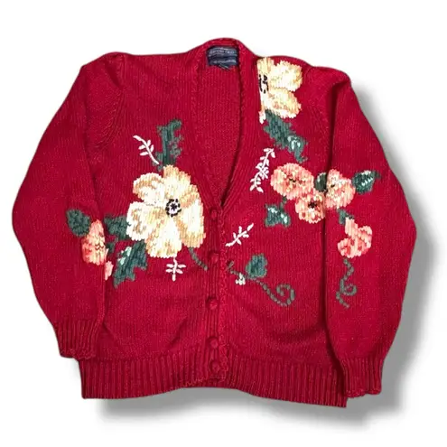 Vintage 90s Herman Geist Hand Embroidered Floral Knit Cardigan Sweater Red Crop Size M