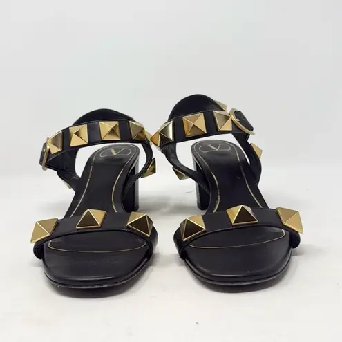 Valentino Garavani Roman Stud Sandals Leather Mid Heel Black Gold Size 38.5
